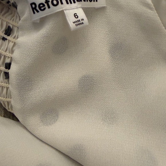 Reformation Niri Silk Top: off the shoulder white Top with black Polka Dots - Picture 5 of 5